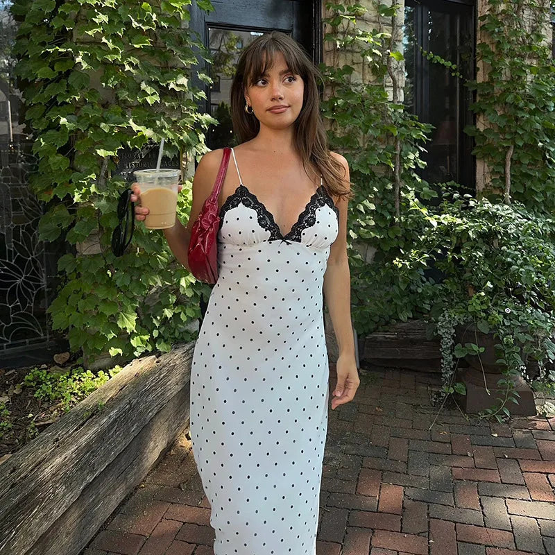 Tossy Contrast Lace V-Neck Patchwork Maxi Dress - Sexy Backless High Waist Slim Spaghetti Strap Party Long Dress