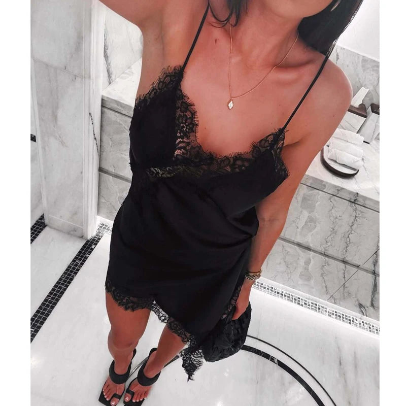 Aria Asymmetric Lace Slip Dress – Elegant Black Backless Mini