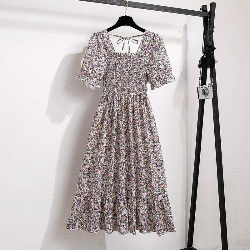 Women's Spring Summer Chiffon Pleated Dress - Casual Short Sleeve Elastic Waist A-Line Vestidos