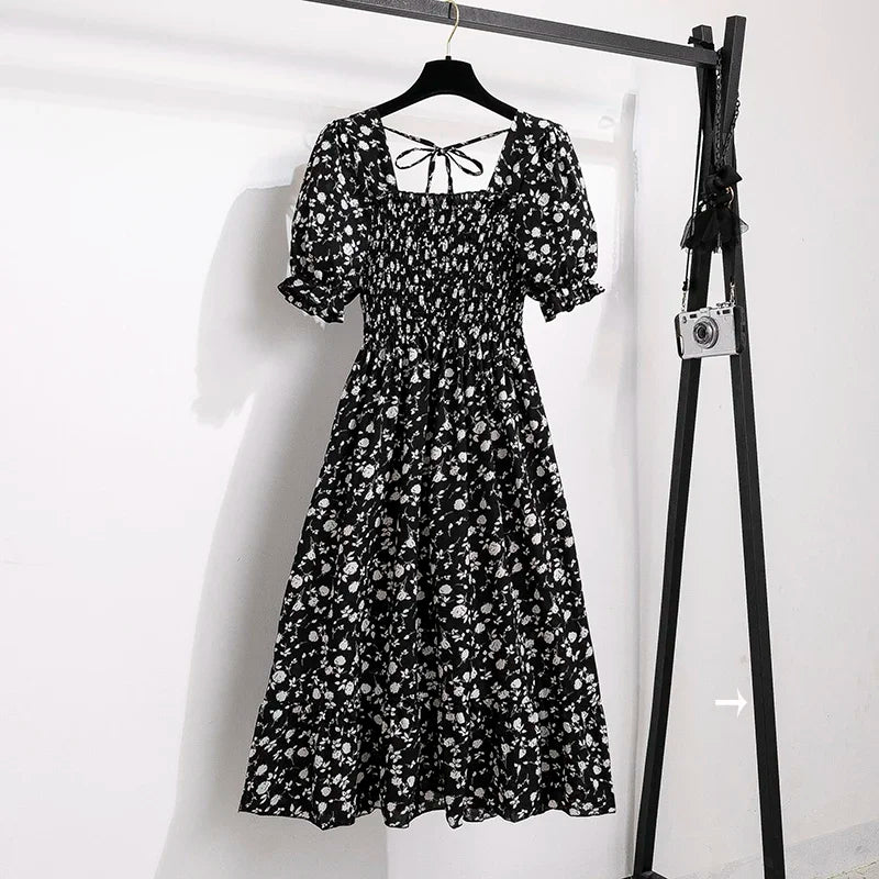 Women's Spring Summer Chiffon Pleated Dress - Casual Short Sleeve Elastic Waist A-Line Vestidos