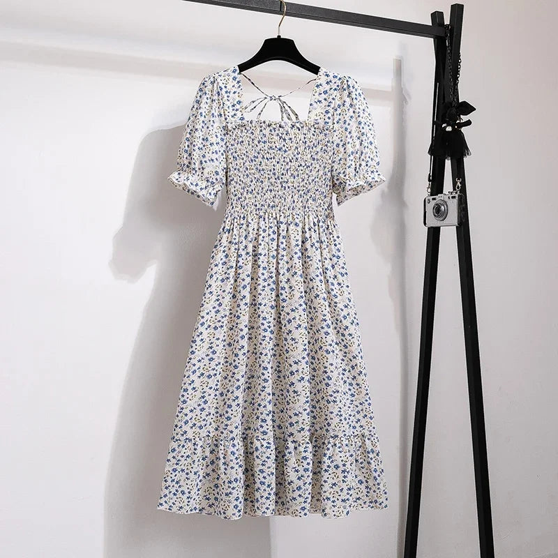 Women's Spring Summer Chiffon Pleated Dress - Casual Short Sleeve Elastic Waist A-Line Vestidos