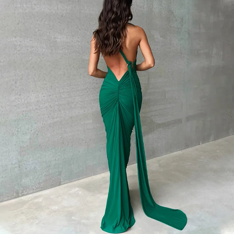 Hugcitar One Shoulder Backless Ruched Maxi Dress - Sexy Adjustable Scarf Loop Elegant Y2K Festival Clubwear