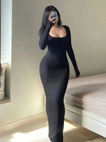 Women's Chic Basic Bodycon Maxi Dress - Minimalist Scoop Neck Long Sleeve Casual Fashion Long Dress