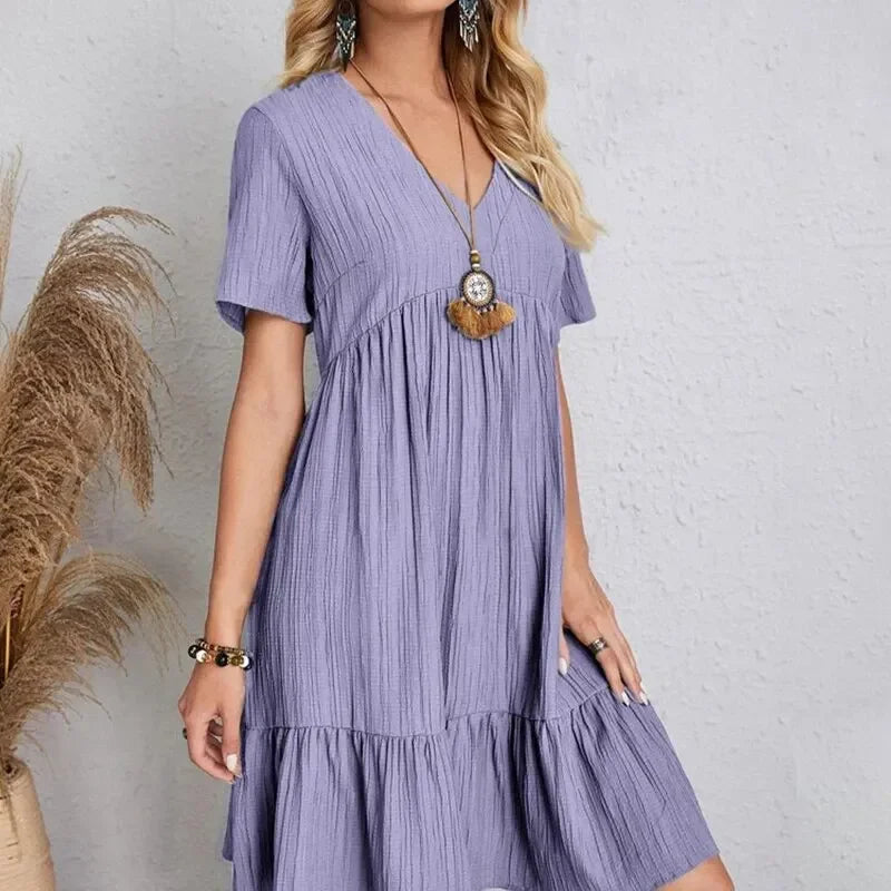 Willow Textured V-Neck Tiered Mini Dress – Breezy Summer Smock Dress