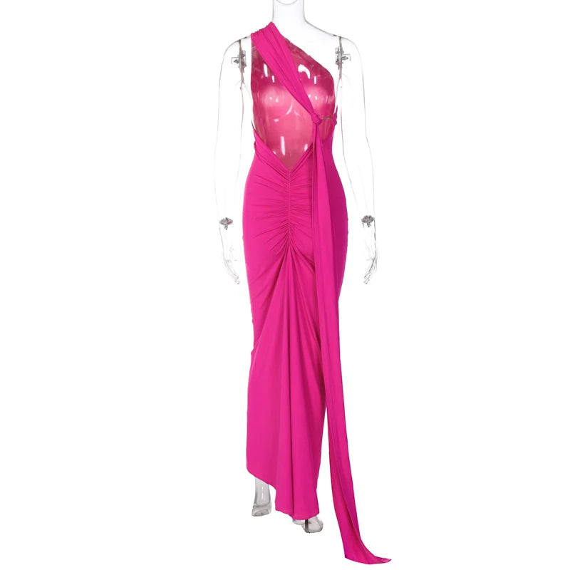 Hugcitar One Shoulder Backless Ruched Maxi Dress - Sexy Adjustable Scarf Loop Elegant Y2K Festival Clubwear