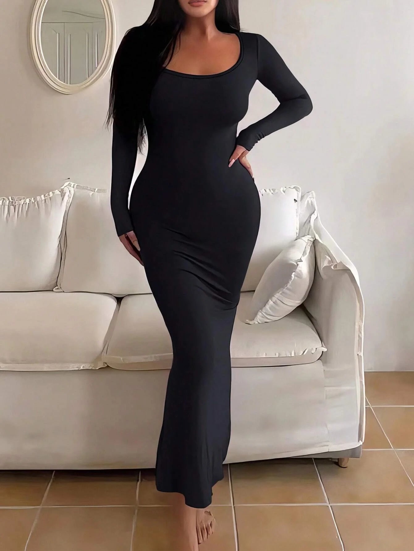 Women's Chic Basic Bodycon Maxi Dress - Minimalist Scoop Neck Long Sleeve Casual Fashion Long Dress