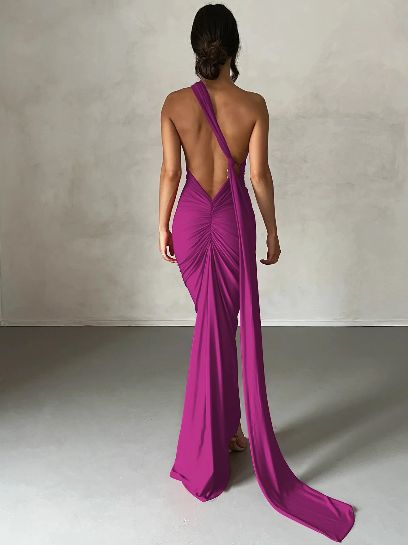 Hugcitar One Shoulder Backless Ruched Maxi Dress - Sexy Adjustable Scarf Loop Elegant Y2K Festival Clubwear