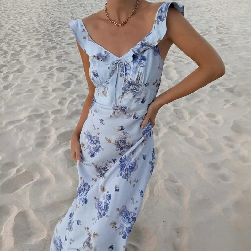Cryptographic Elegant Plunging Neck Floral Maxi Dress - Fairycore Backless Summer Vacation Aesthetic Sun Dress