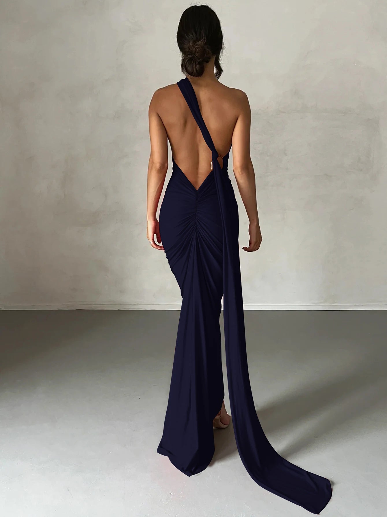 Hugcitar One Shoulder Backless Ruched Maxi Dress - Sexy Adjustable Scarf Loop Elegant Y2K Festival Clubwear