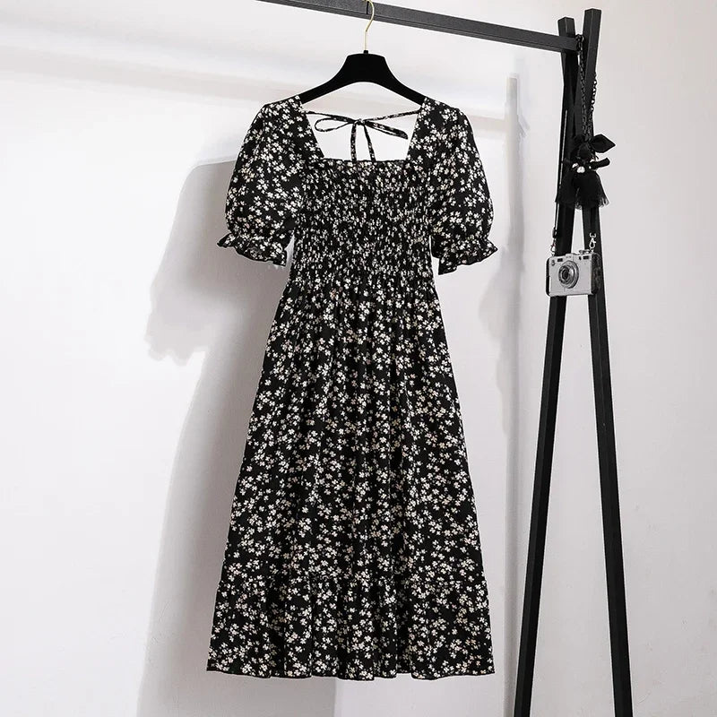Women's Spring Summer Chiffon Pleated Dress - Casual Short Sleeve Elastic Waist A-Line Vestidos