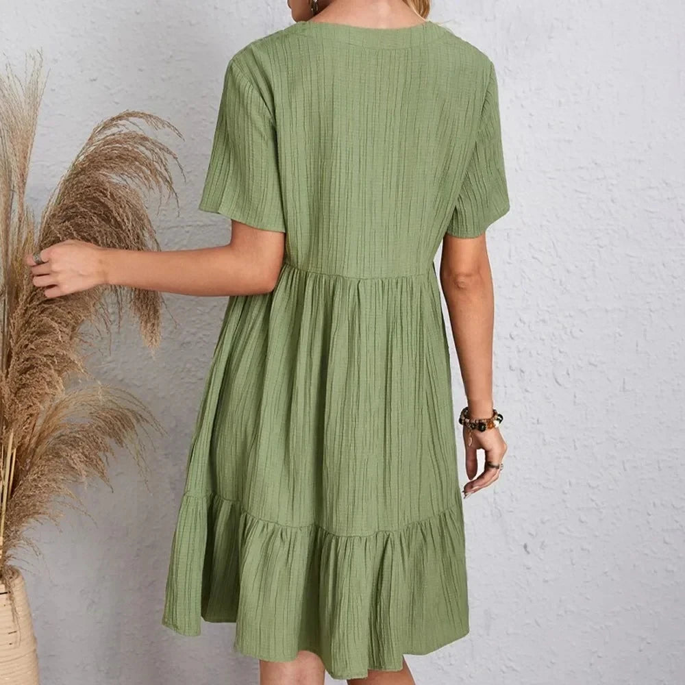 Willow Textured V-Neck Tiered Mini Dress – Breezy Summer Smock Dress
