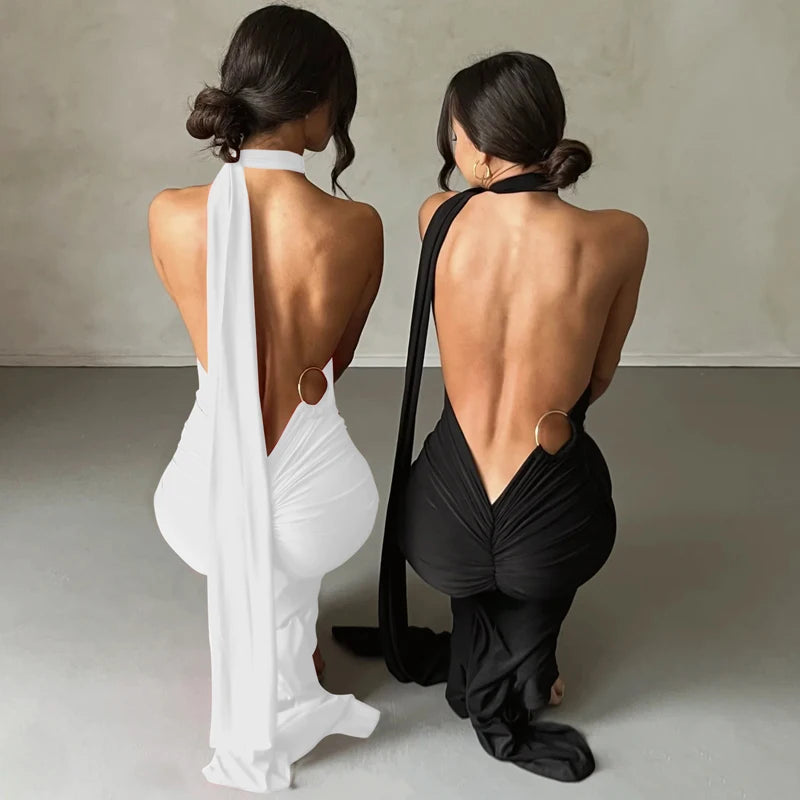 Hugcitar One Shoulder Backless Ruched Maxi Dress - Sexy Adjustable Scarf Loop Elegant Y2K Festival Clubwear