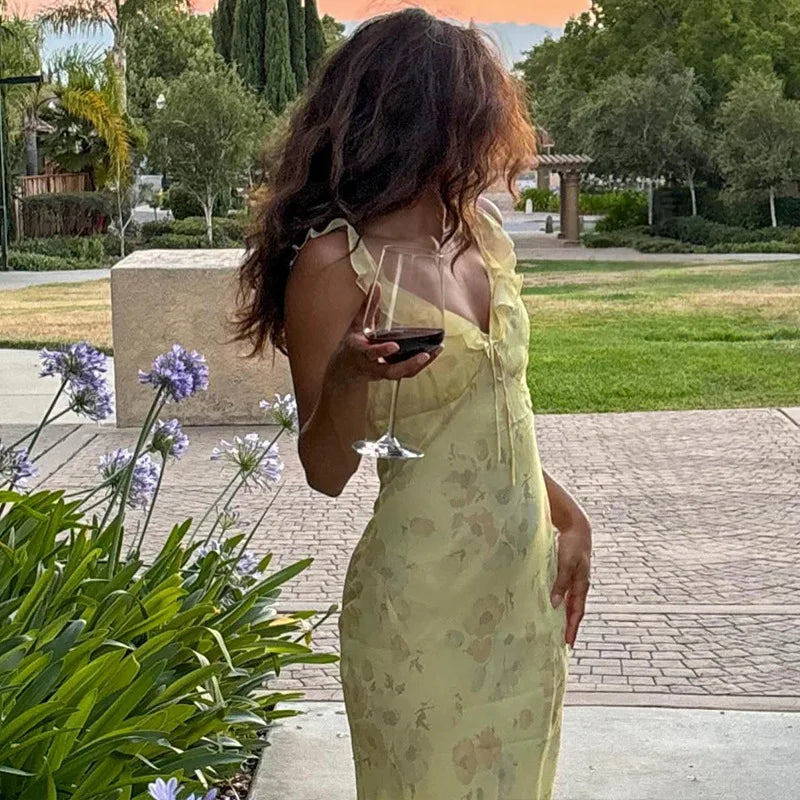 Cryptographic Elegant Plunging Neck Floral Maxi Dress - Fairycore Backless Summer Vacation Aesthetic Sun Dress