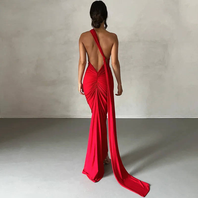 Hugcitar One Shoulder Backless Ruched Maxi Dress - Sexy Adjustable Scarf Loop Elegant Y2K Festival Clubwear