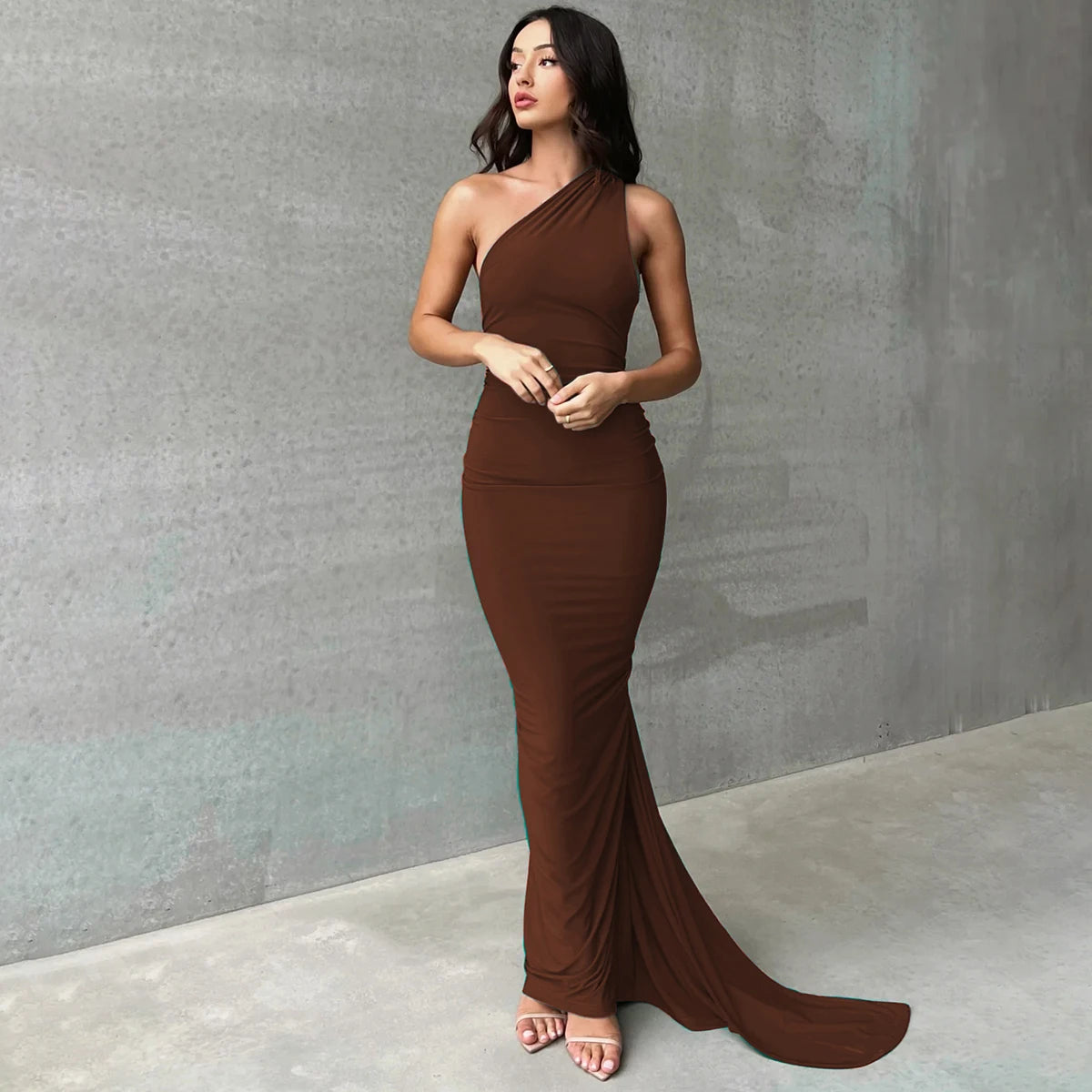 Hugcitar One Shoulder Backless Ruched Maxi Dress - Sexy Adjustable Scarf Loop Elegant Y2K Festival Clubwear