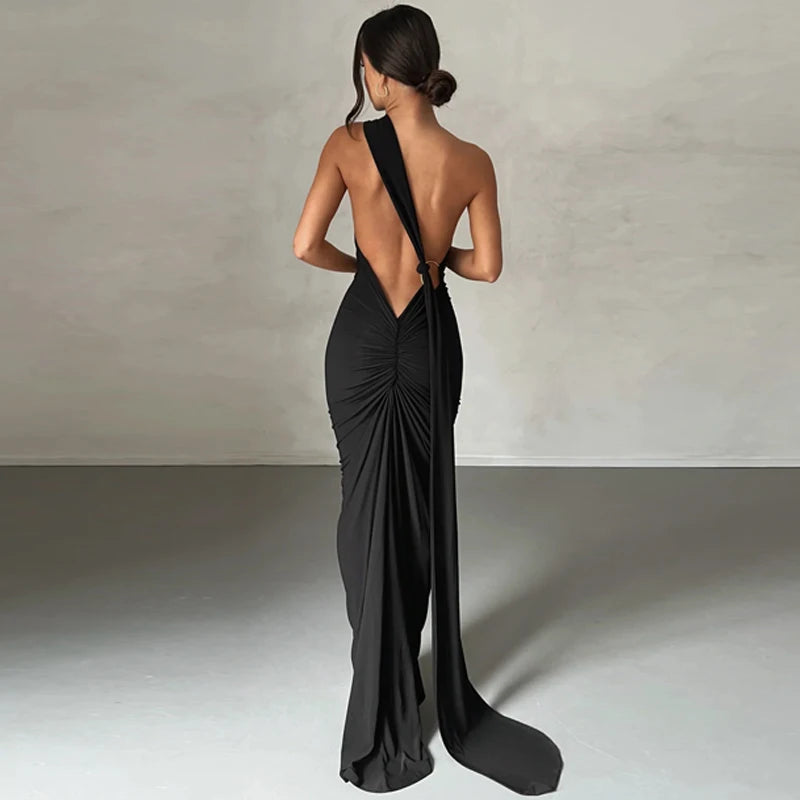 Hugcitar One Shoulder Backless Ruched Maxi Dress - Sexy Adjustable Scarf Loop Elegant Y2K Festival Clubwear