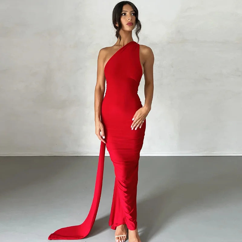 Hugcitar One Shoulder Backless Ruched Maxi Dress - Sexy Adjustable Scarf Loop Elegant Y2K Festival Clubwear