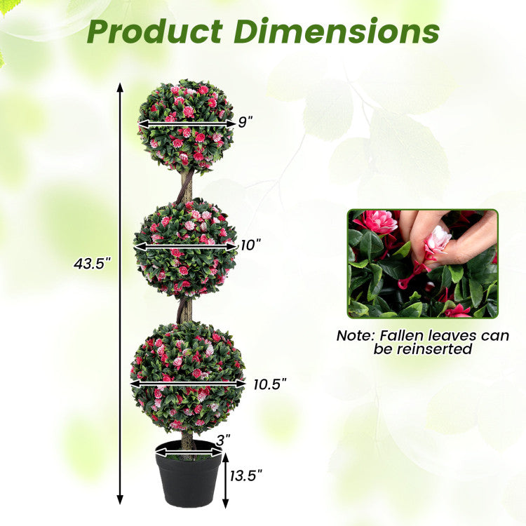 Set of 2 43.5" Artificial Triple Ball Rose Topiary Tree with Lifelike Blooms and Green Leaves