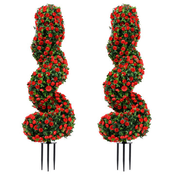 Set of 2 Artificial Spiral Topiary Trees with Sun Protection and Ground Spikes