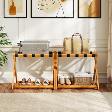 Set of 2 Folding Luggage Racks with 5 Nylon Straps and Slatted Storage Shelf