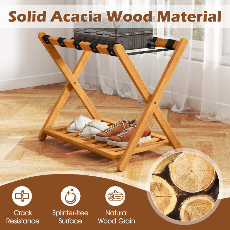 Set of 2 Folding Luggage Racks with 5 Nylon Straps and Slatted Storage Shelf