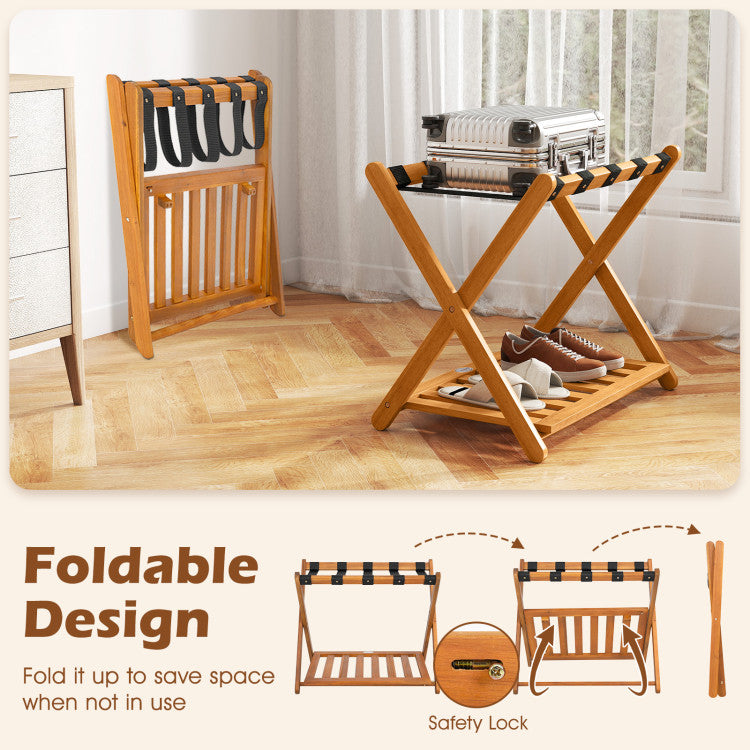 Set of 2 Folding Luggage Racks with 5 Nylon Straps and Slatted Storage Shelf