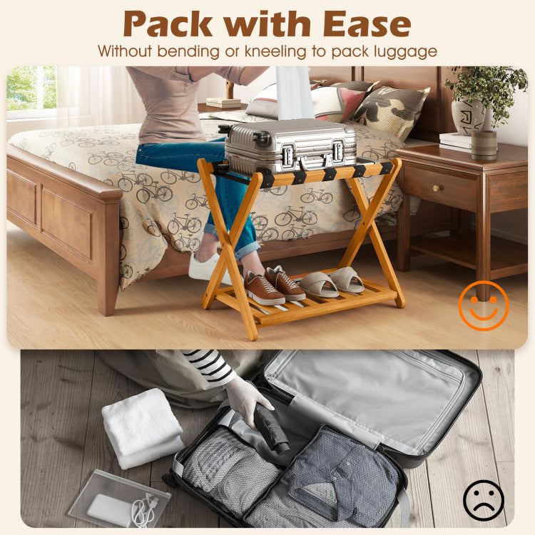 Set of 2 Folding Luggage Racks with 5 Nylon Straps and Slatted Storage Shelf