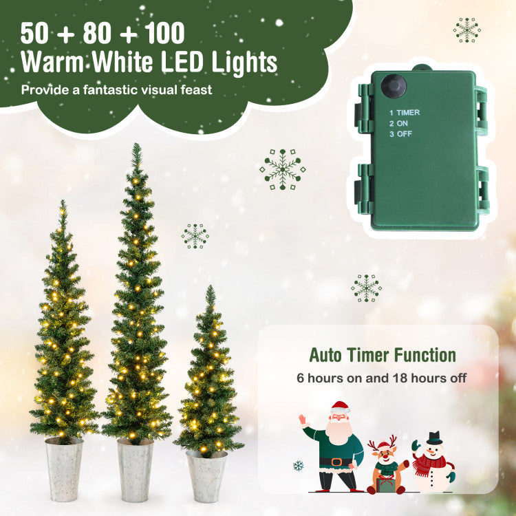 Set of 3 Pre-Lit Artificial Christmas Trees with 230 Warm White LED Lights