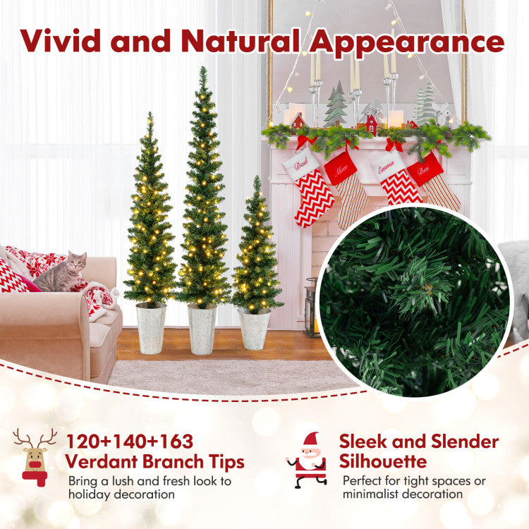 Set of 3 Pre-Lit Artificial Christmas Trees with 230 Warm White LED Lights