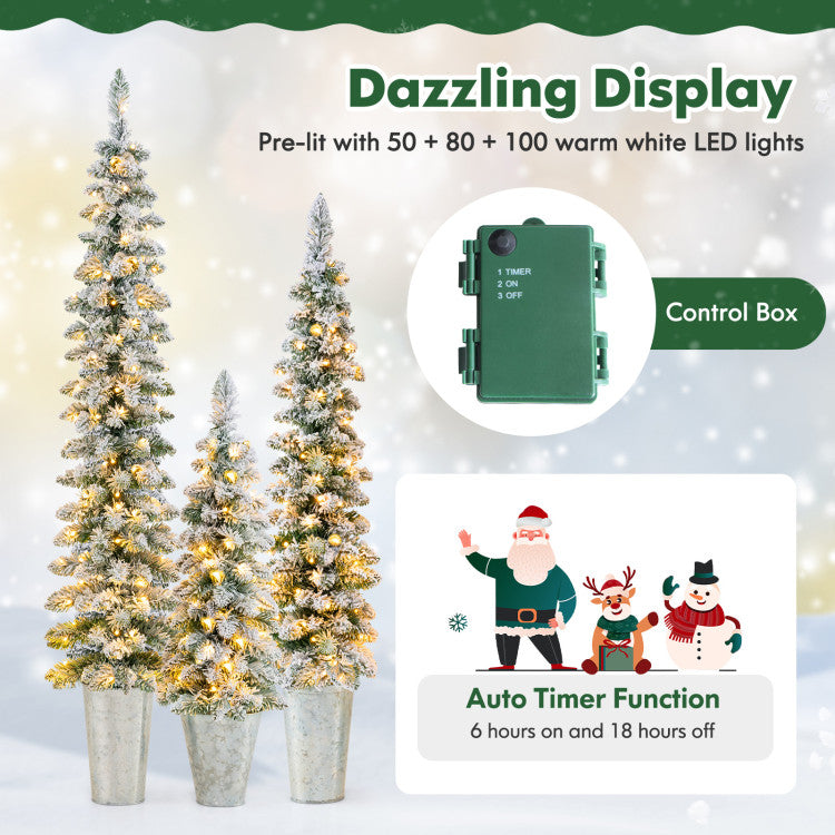 Set of 3 Pre-Lit Snow Flocked Artificial Christmas Trees witrh 423 Branch Tips