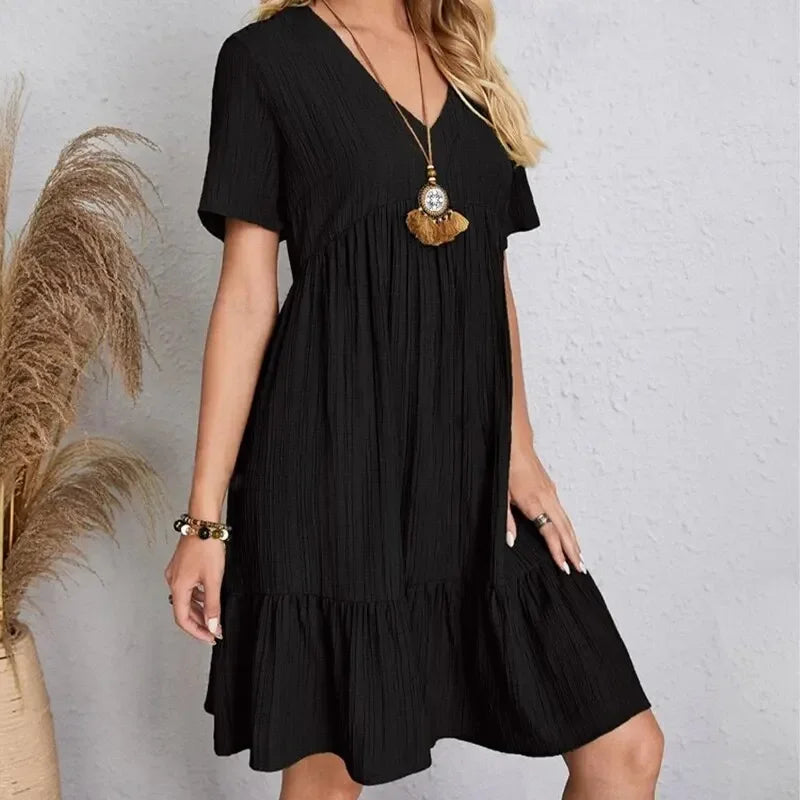 Willow Textured V-Neck Tiered Mini Dress – Breezy Summer Smock Dress