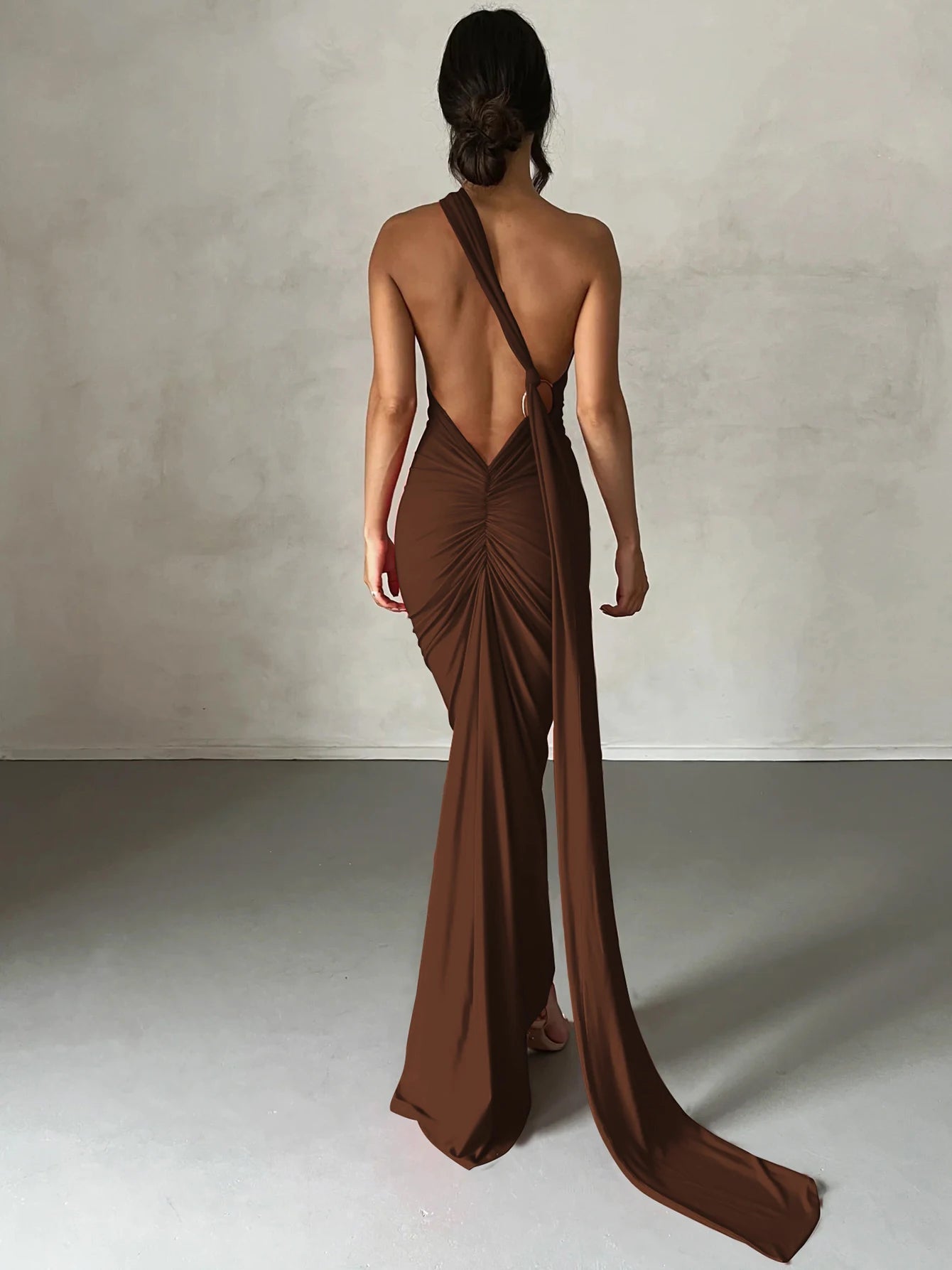 Hugcitar One Shoulder Backless Ruched Maxi Dress - Sexy Adjustable Scarf Loop Elegant Y2K Festival Clubwear