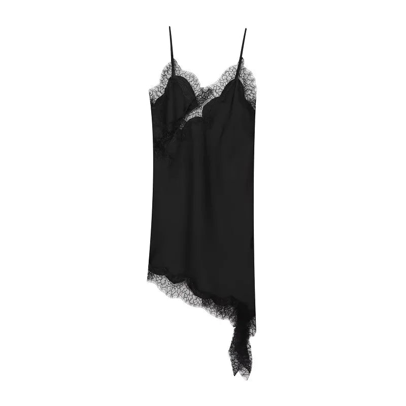 Aria Asymmetric Lace Slip Dress – Elegant Black Backless Mini