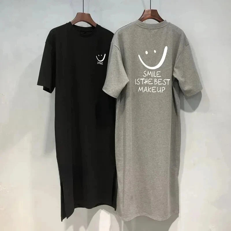 Nova Minimalist Smile Slit T-Shirt Dress – Oversized Mid-Length Lounge Dress