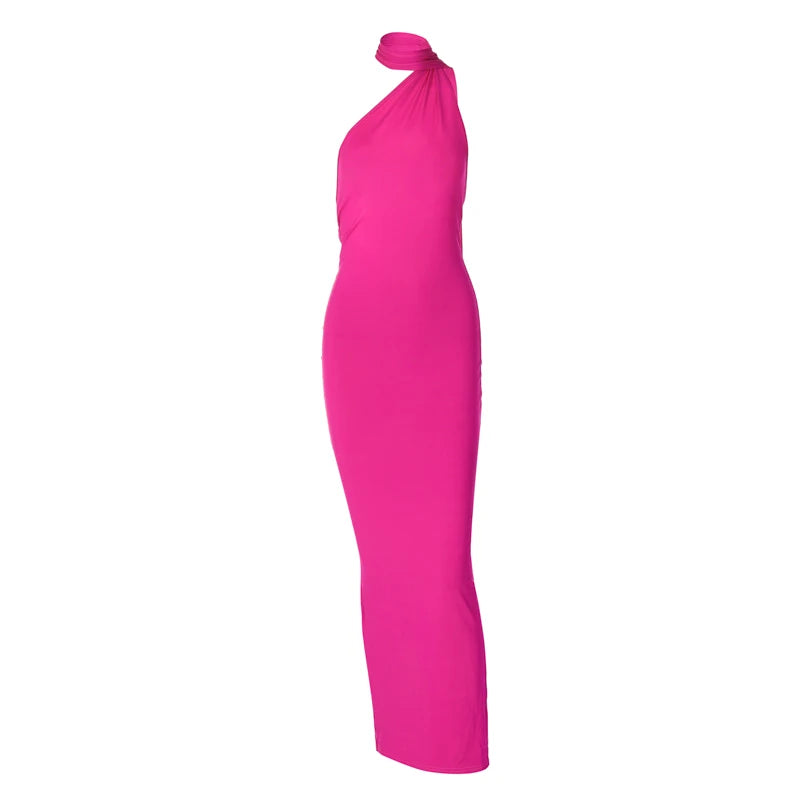 Hugcitar One Shoulder Backless Ruched Maxi Dress - Sexy Adjustable Scarf Loop Elegant Y2K Festival Clubwear