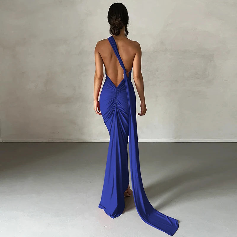 Hugcitar One Shoulder Backless Ruched Maxi Dress - Sexy Adjustable Scarf Loop Elegant Y2K Festival Clubwear