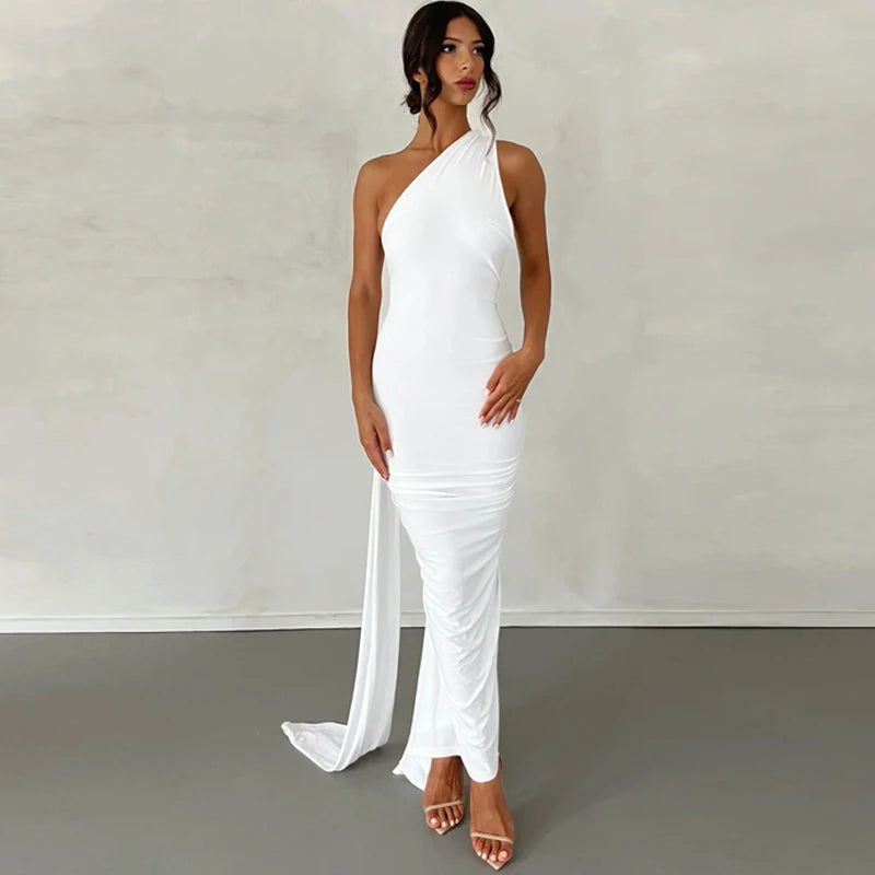 Hugcitar One Shoulder Backless Ruched Maxi Dress - Sexy Adjustable Scarf Loop Elegant Y2K Festival Clubwear