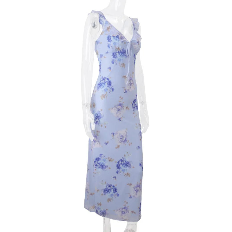 Cryptographic Elegant Plunging Neck Floral Maxi Dress - Fairycore Backless Summer Vacation Aesthetic Sun Dress