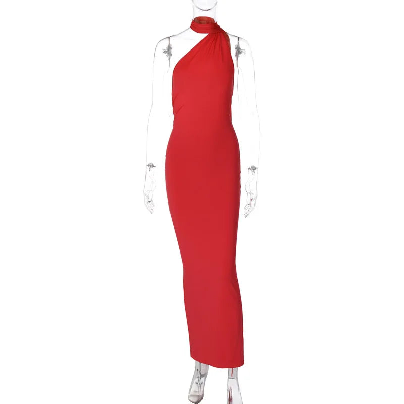 Hugcitar One Shoulder Backless Ruched Maxi Dress - Sexy Adjustable Scarf Loop Elegant Y2K Festival Clubwear