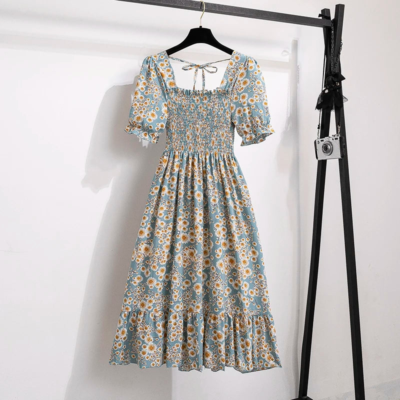 Women's Spring Summer Chiffon Pleated Dress - Casual Short Sleeve Elastic Waist A-Line Vestidos