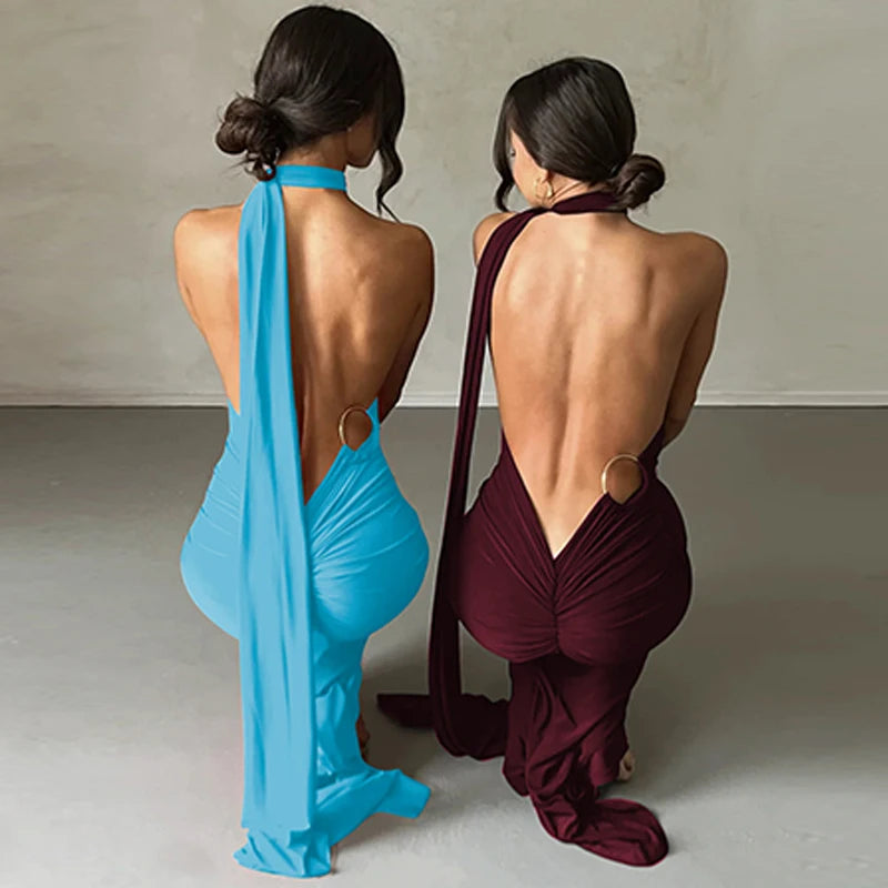 Hugcitar One Shoulder Backless Ruched Maxi Dress - Sexy Adjustable Scarf Loop Elegant Y2K Festival Clubwear