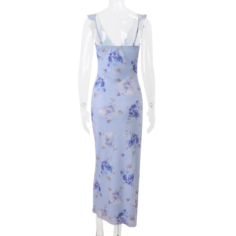 Cryptographic Elegant Plunging Neck Floral Maxi Dress - Fairycore Backless Summer Vacation Aesthetic Sun Dress