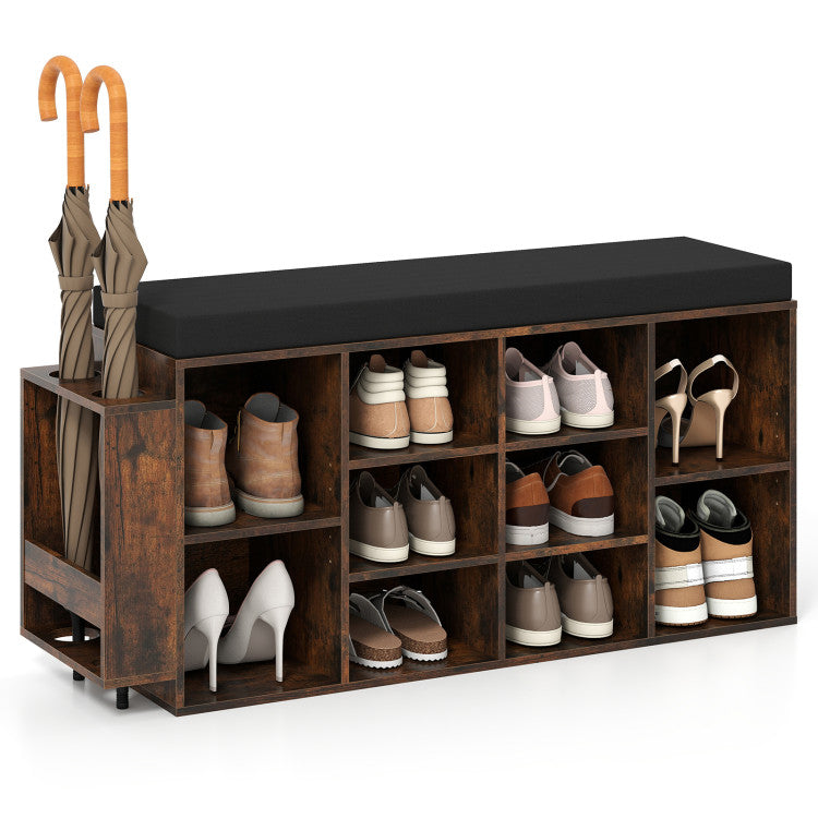 Shoe Storage Bench with Umbrella Stand 10-Cubby Entryway Shoe Rack Organizer