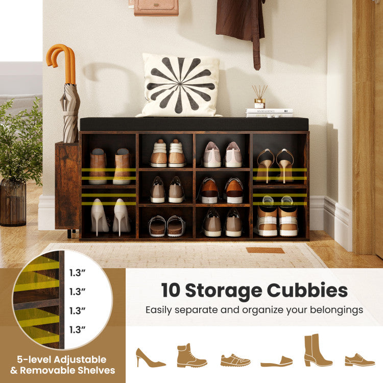Shoe Storage Bench with Umbrella Stand 10-Cubby Entryway Shoe Rack Organizer