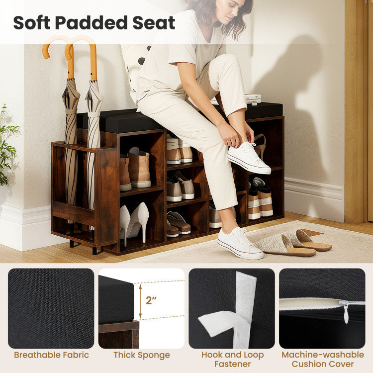 Shoe Storage Bench with Umbrella Stand 10-Cubby Entryway Shoe Rack Organizer