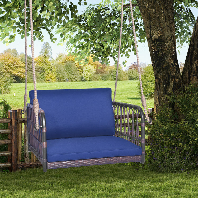 1-Person Rattan Hanging Porch Swing Seat with Cushions and Ropes
