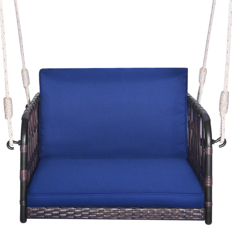 1-Person Rattan Hanging Porch Swing Seat with Cushions and Ropes