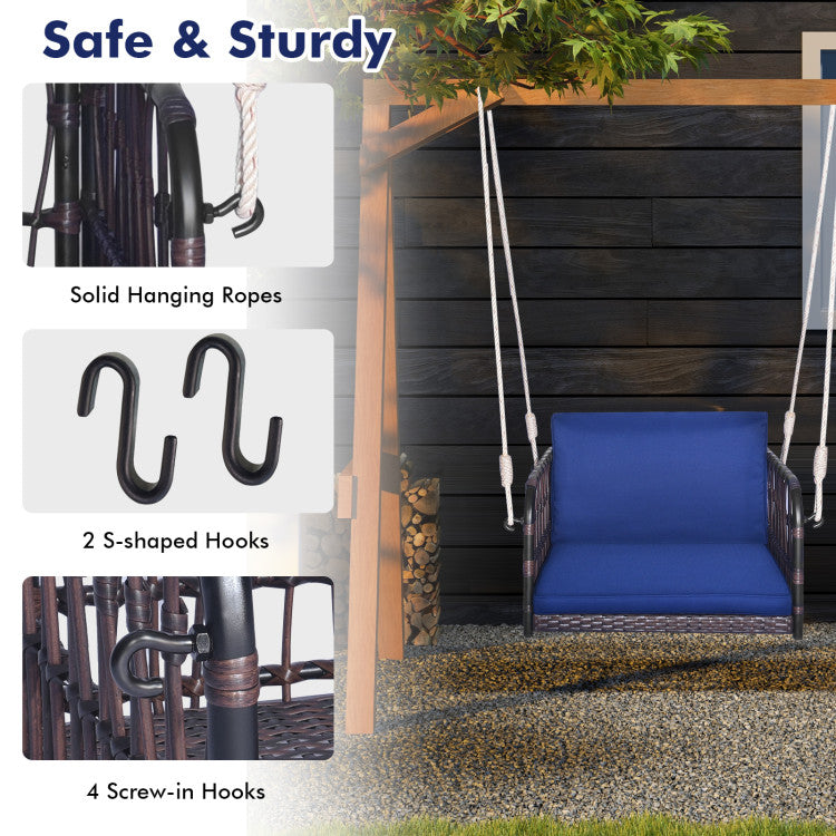 1-Person Rattan Hanging Porch Swing Seat with Cushions and Ropes