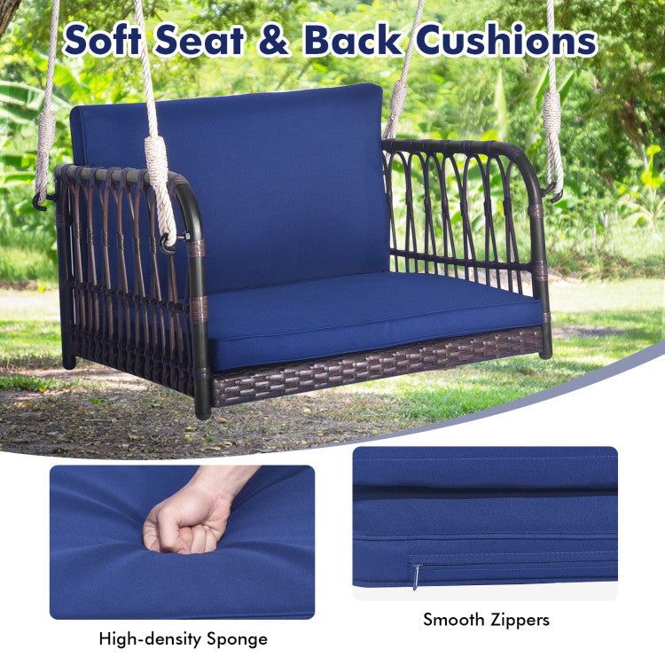 1-Person Rattan Hanging Porch Swing Seat with Cushions and Ropes