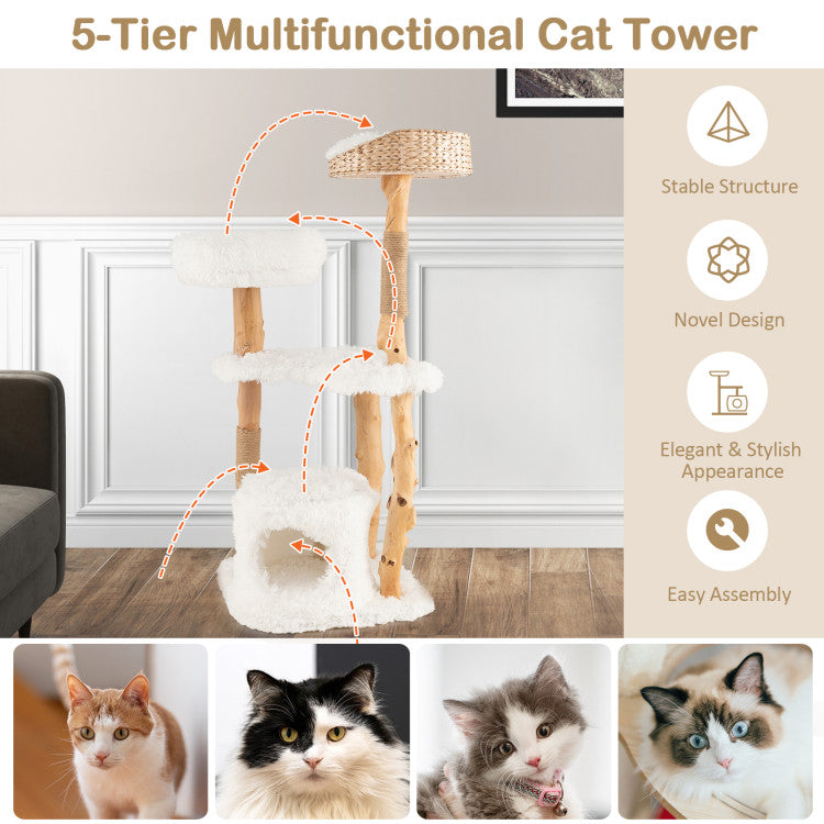 Solid Wood Cat Tower with Top Cattail Basket Cat Bed